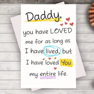 Daddy Memorial Greeting Card - Loved Me As Long As I Lived Message , Sweet Handwritten Heart Design , Sympathy Keepsake Card , Remembrance Gift For Dad From Daughter Or Son