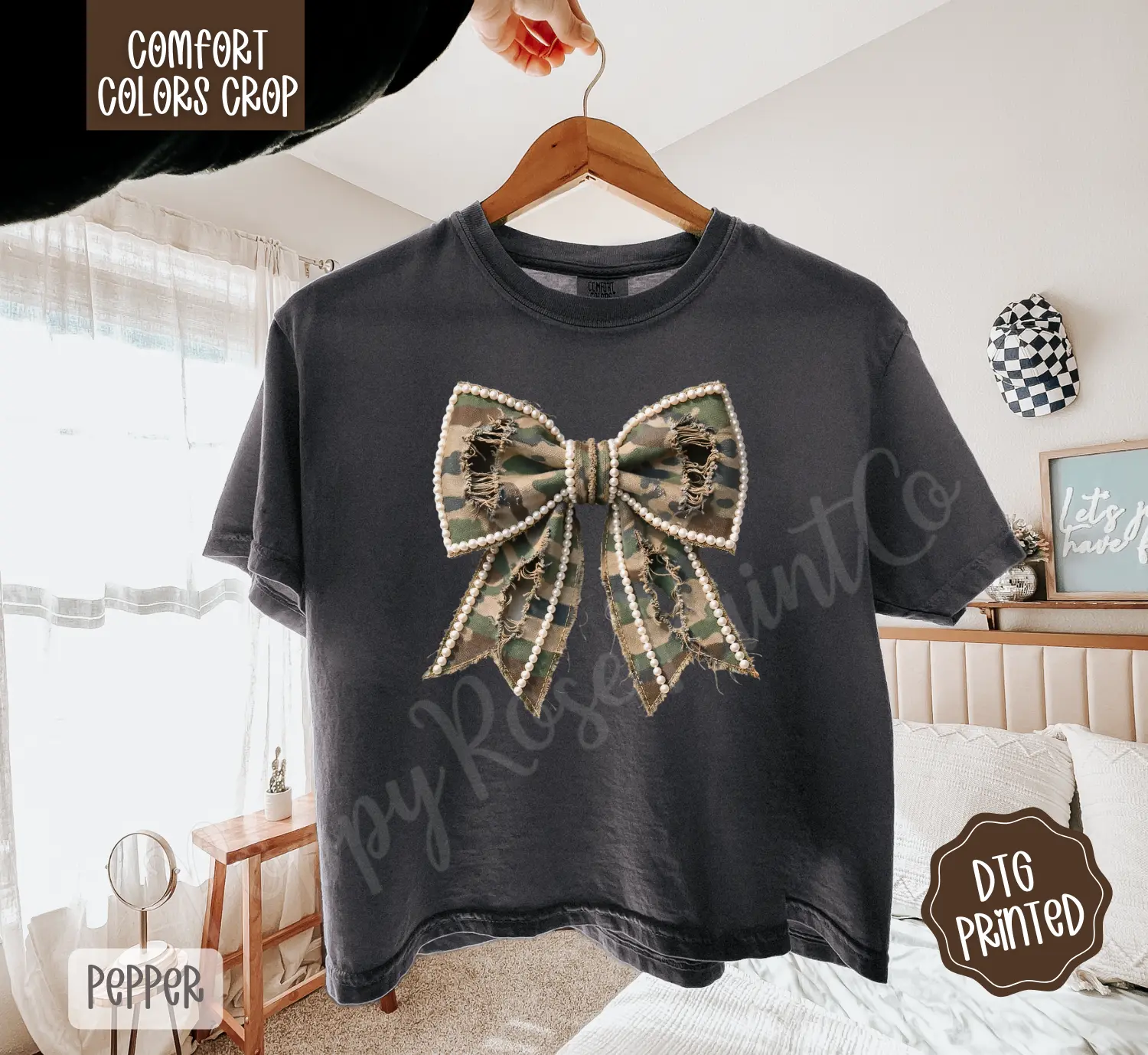 Faux Pearl Camo Bow Cropped Comfort Colors Tee, Trendy Tshirt for Women