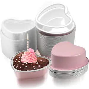 50 Sets Heart Shaped Cake Pans,Mini Cake Pans with Lids 100 ml/ 3.5 Ounces Heart Cupcake Container Mini Aluminum Containers with Lids,for Valentine Mother's Day Wedding Birthday Baking Supplies