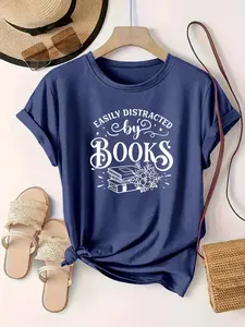 【Plus Size】Women's Plus Size Crewneck Graphic T-Shirt - Floral and Book Print, Short Sleeve, Fitted Womenswear for Daily Outdoor Summer Wear