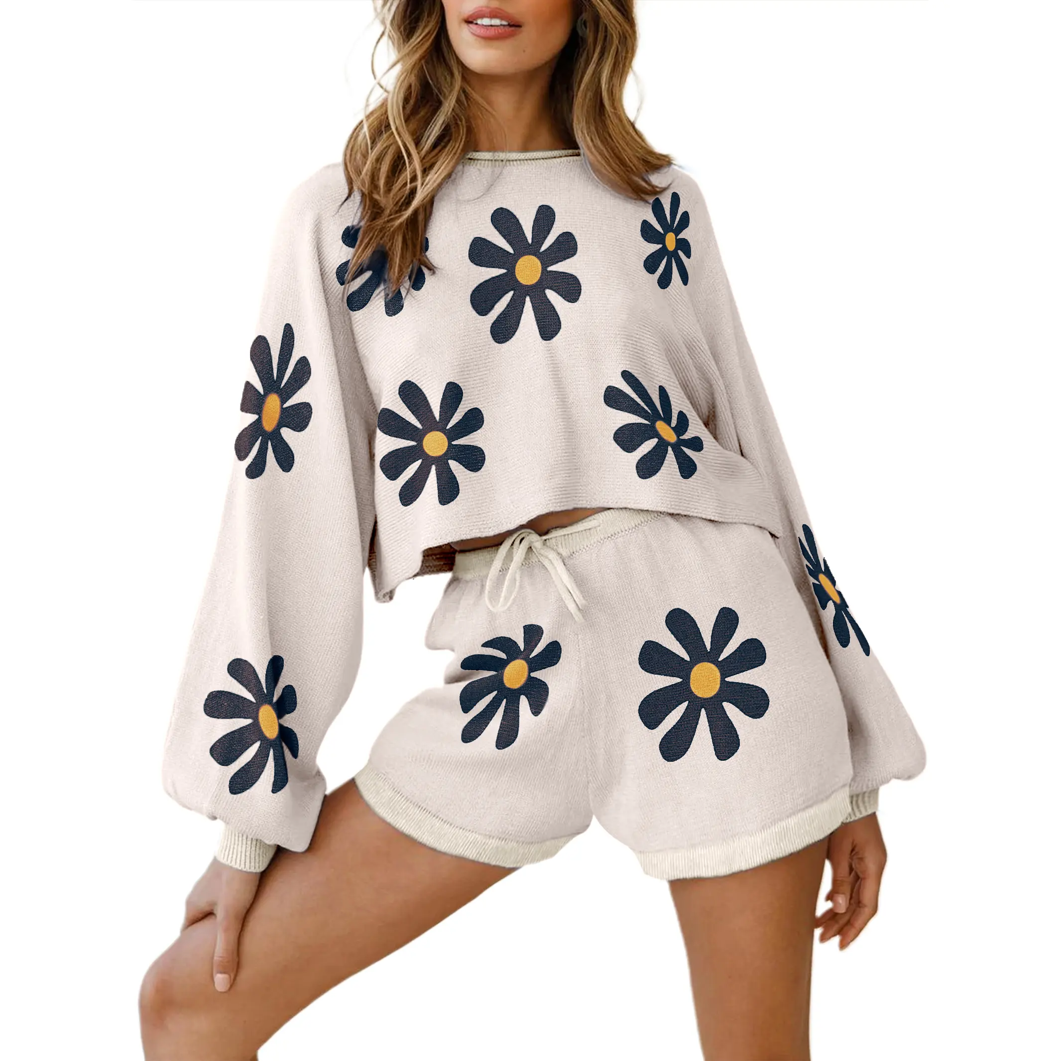 Ekouaer Women's 2-Piece Soft Floral Daisy Knit Pajama Set - Crop Shirt, High Waist Shorts, Long/Batwing/Puff Sleeves, Round Neck, Breathable Fabric, Loose Fit Casual Nightwear Loungewear, Gift for Wife, Ribbed, Sets For Women 2 Piece, Women's 2 Piece Sets