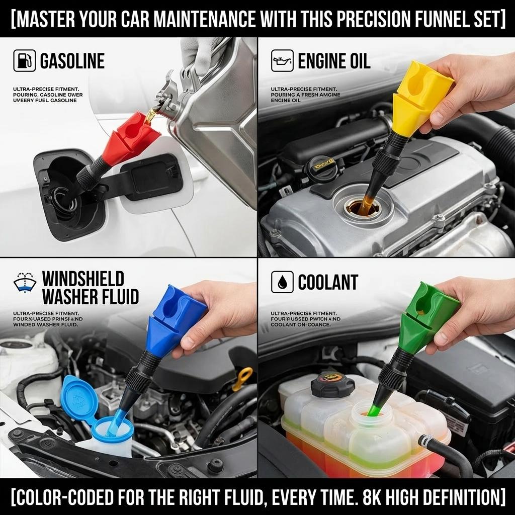 3-Piece Collapsible Funnel Set — Retractable Auto-Filling Funnel (with Bottle-Mouth Clip). A versatile tool for oil changes and fluid transfer in cars, motorcycles, and various types of engines; suitable for dispensing engine oil, gasoline, and coolant.
