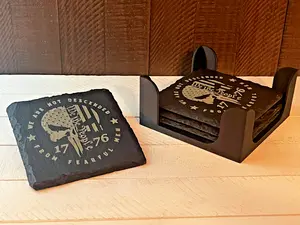 1776 Punisher Slate Coaster Gun Collector Set of 4 with FREE Holder