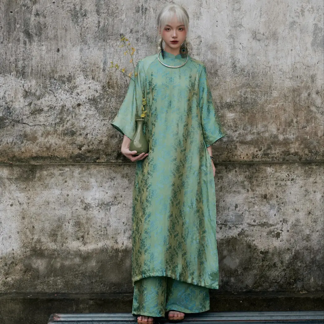 "Loc Tho" Ao Dai set - Wormsilk in Jade [Modern Cut]