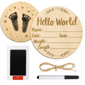 Baby Announcement Sign, 5.9 Inch Round Baby Nursery Name Signs with Ink Pad for Baby Hand and Footprint Wooden Hello World Newborn Sign for Photo Prop Decor Decor Decor