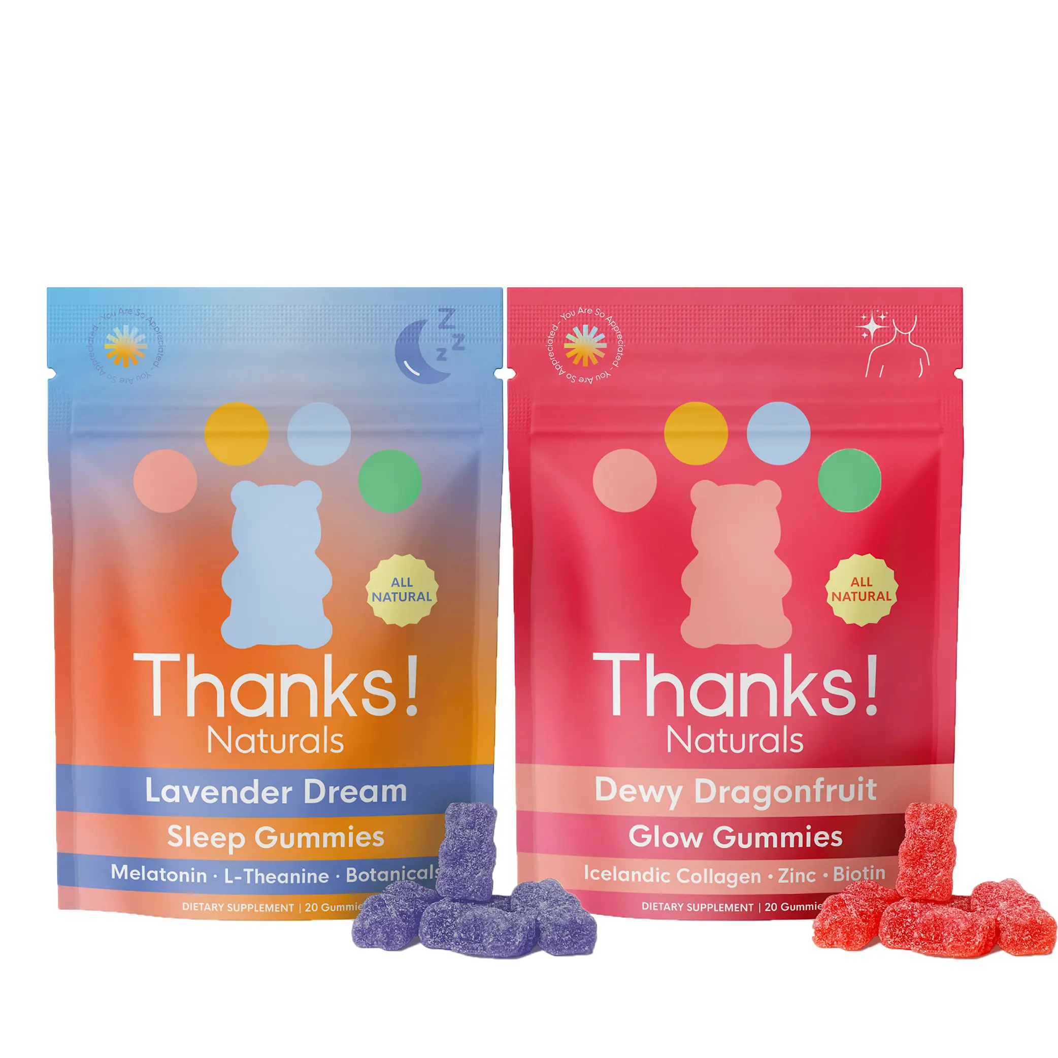 Thanks! Naturals Glow & Rest Gummies Essentials Bundle (2 Packs) - Icelandic Collagen Chewable Skin Care Supplements, Dragonfruit PM Sleep Gummies with Zinc for Hair/Nails, Lavender Unwind Melatonin Support, Prop 65 Safe Soothing Healthcare Supplements