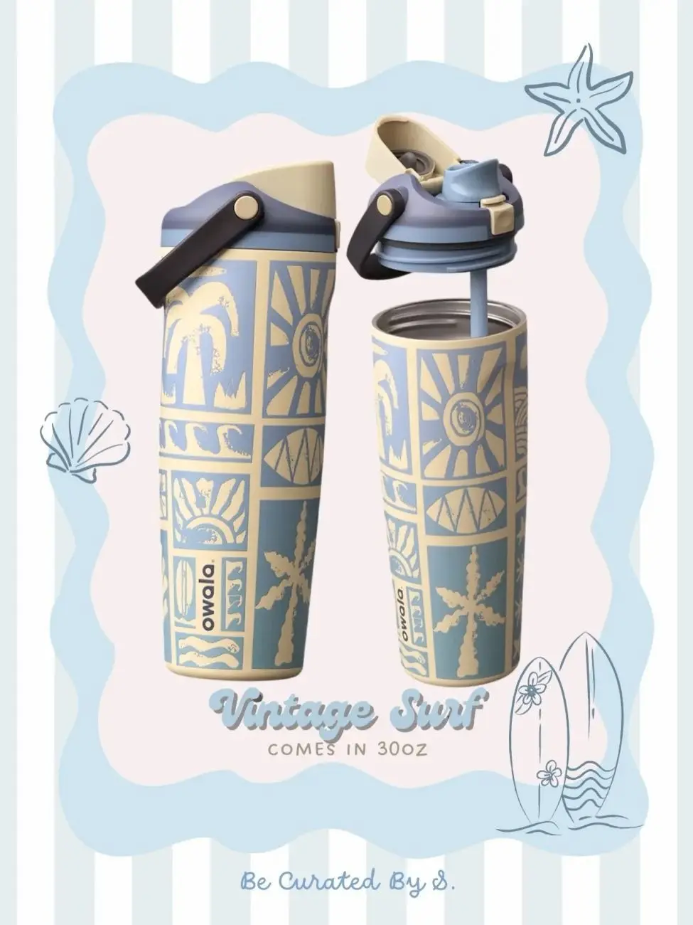 Owala Vintage Surf FreeSip Water Bottle – Retro Surfboard Aesthetic with Ocean Waves, Beach Days & Endless Summer Vibes ZBQ