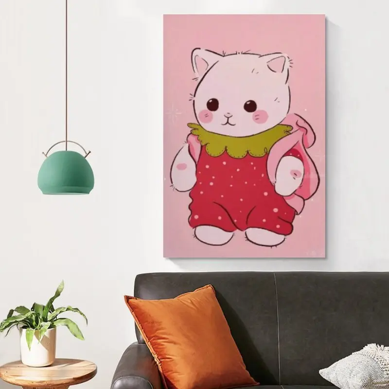 1pc Strawberry Cat Art Print Cat Art Strawberry Aesthetic Art Print Pink Girls Room Art Kawaii Gallery Wall Art Cute Girly Decor Poster For Bedroom Living Room Office Decor