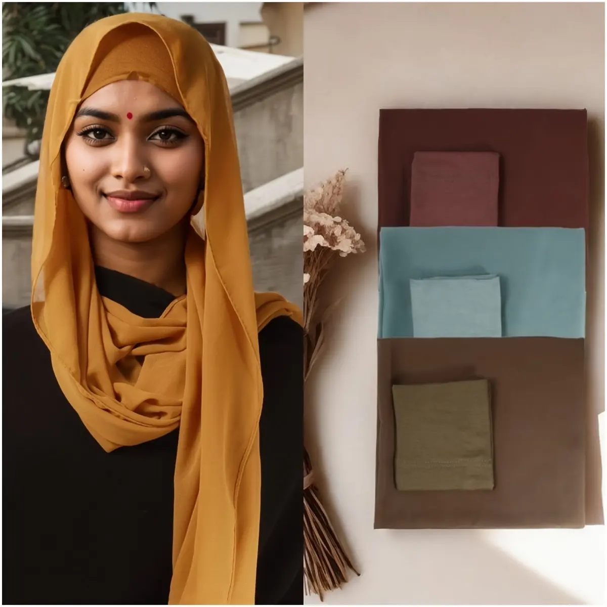 Malaysian hijab and bottom hat tube hat two-piece combination, 100% polyester material, Muslim headscarf and hat combination suitable for girls of all ages, the ideal choice for Ramadan gifts