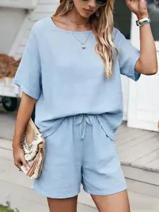 Women's Casual Loose-Fitting Short Sleeve Shorts Set, Plain Above-The-Knee Design, Perfect for Spring & Summer