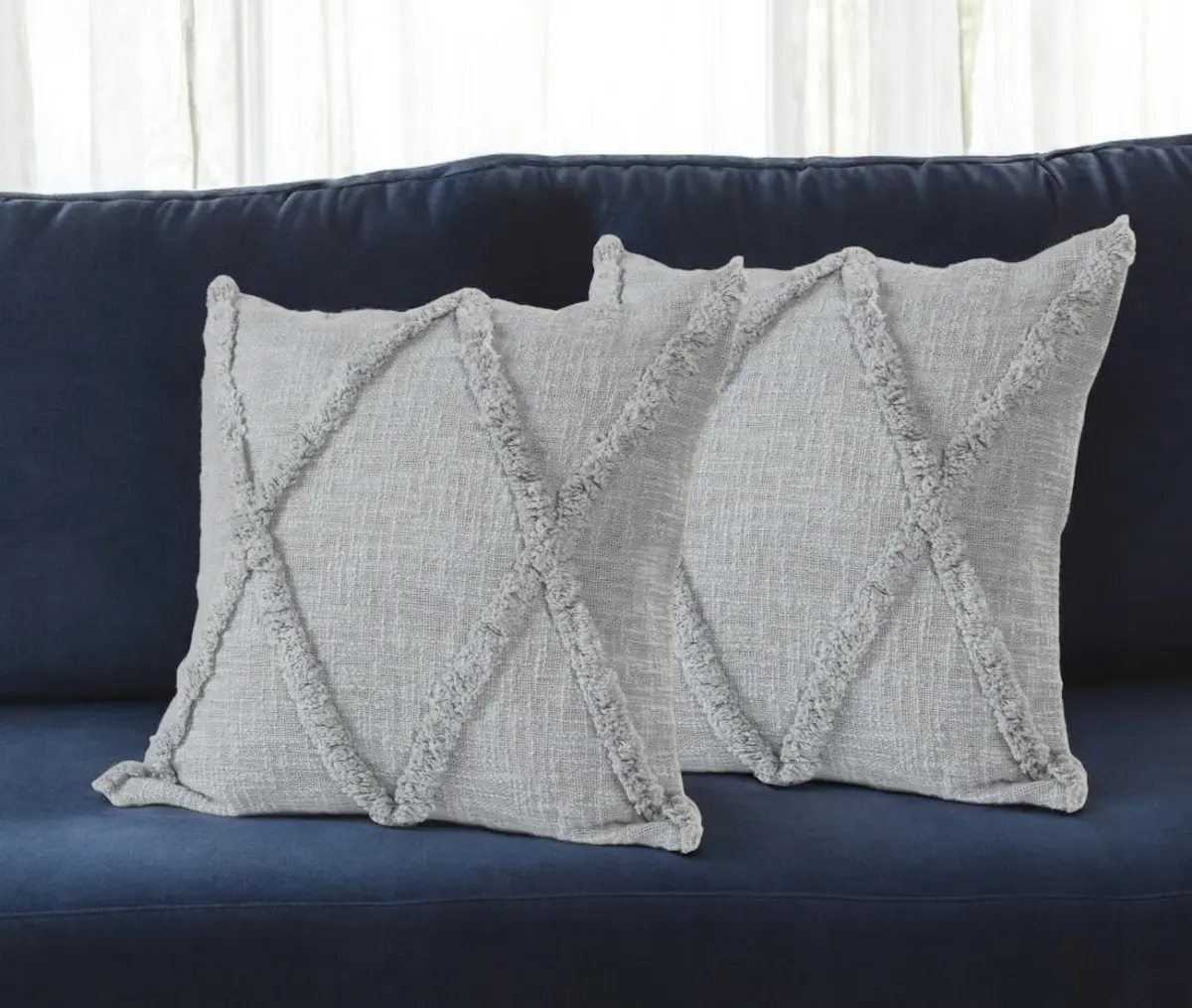 360 stand Soft Cushions - Set of 2 100% Cotton Geometric Diamond Throw Pillows with Fringe, Handmade Finish, Zippered Design, Light Gray Modern Bedroom Cushions, Durable Cushions