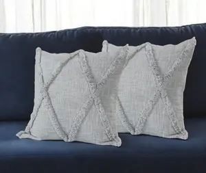 360 stand Soft Cushions - Set of 2 100% Cotton Geometric Diamond Throw Pillows with Fringe, Handmade Finish, Zippered Design, Light Gray Modern Bedroom Cushions, Durable Cushions