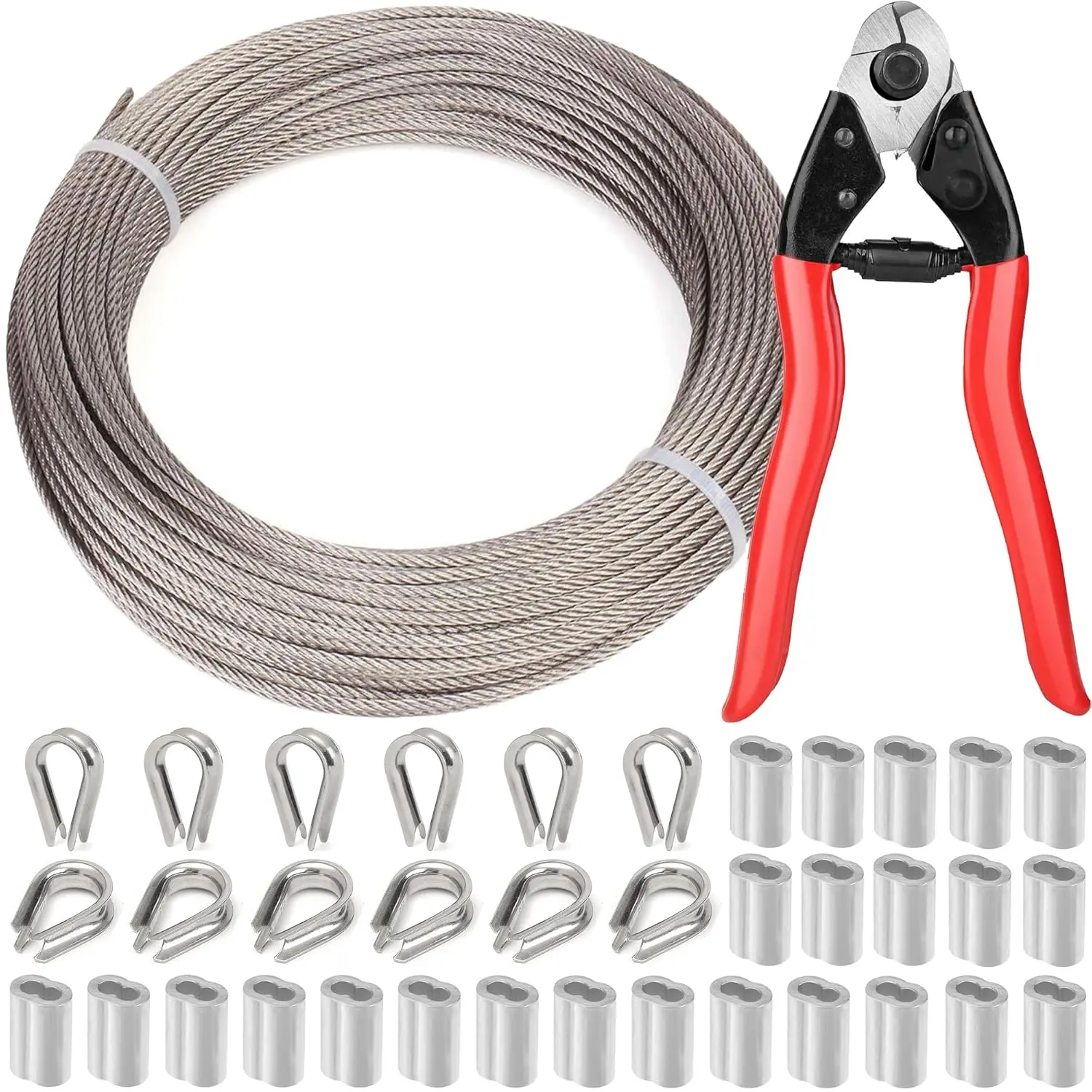 1/8 Inch Stainless Steel  100FT - 7x7 Strand Aircraft Wire Rope with Loop Sleeve & Thimble - Heavy Duty for Deck Railing, String Light Hanging, Garden, Marine, DIY Projects