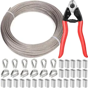 1/8 Inch Stainless Steel  100FT - 7x7 Strand Aircraft Wire Rope with Loop Sleeve & Thimble - Heavy Duty for Deck Railing, String Light Hanging, Garden, Marine, DIY Projects