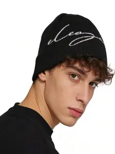 Elegant Knitted Beanie Hat, Knit Skull Cap, Soft Skin-Friendly Fabric, Autumn Winter Fashion Essential, Simple Style Letter Embroidery Design, Embroidery Trendy Hat, Beanies