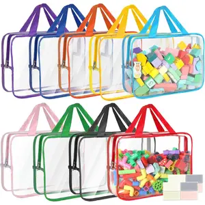 9 Packs 11.8x8.7x3.9In Large Clear PVC Reusable Toy Storage Bags with Labels & Zipper, Waterproof Travel Organizer Bags for Building Blocks, Puzzle, Board Game, Books, Stationery