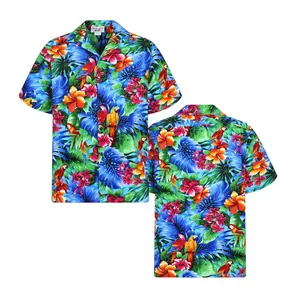 Colorful Parrot Hibiscus Hawaiian Shirt, Tropical Macaw Floral Aloha Shirt, Bird Summer Button Down Shirt, Aloha Jungle Vacation Outfit for Adults and Youth