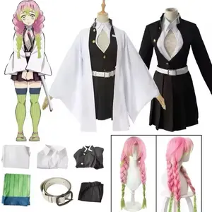 Wig + Costume Anime Kanroji Mitsuri Cosplay Costume Kimono Haori Dress Wig Clothes Halloween Costume for Adult Children