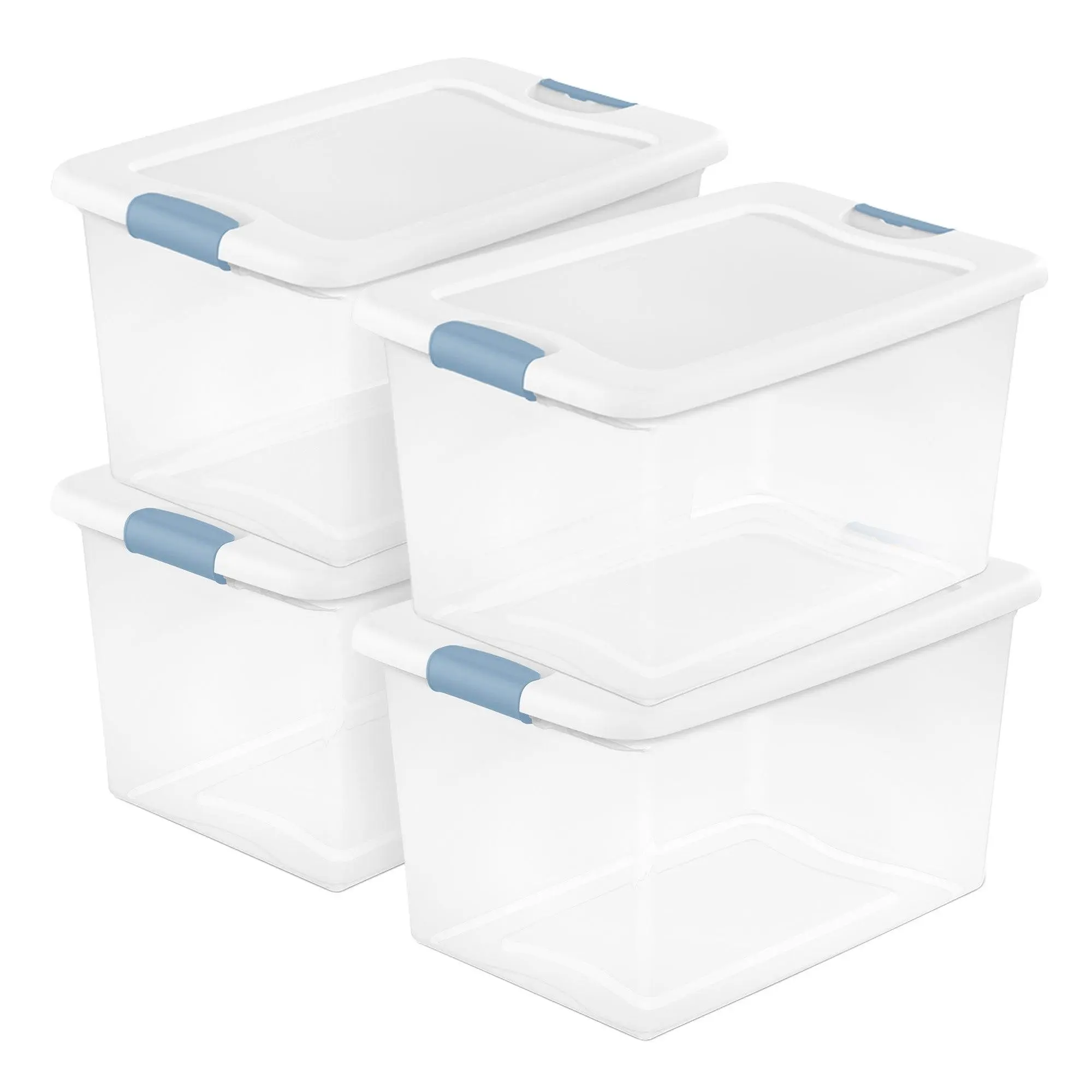 Sterilite 64 Qt Latching Box Stackable Storage Container with Lid, White, 4 Pack Sterilite 64 Qt Latching Box Stackable Storage Container with Lid, White, 4 Pack