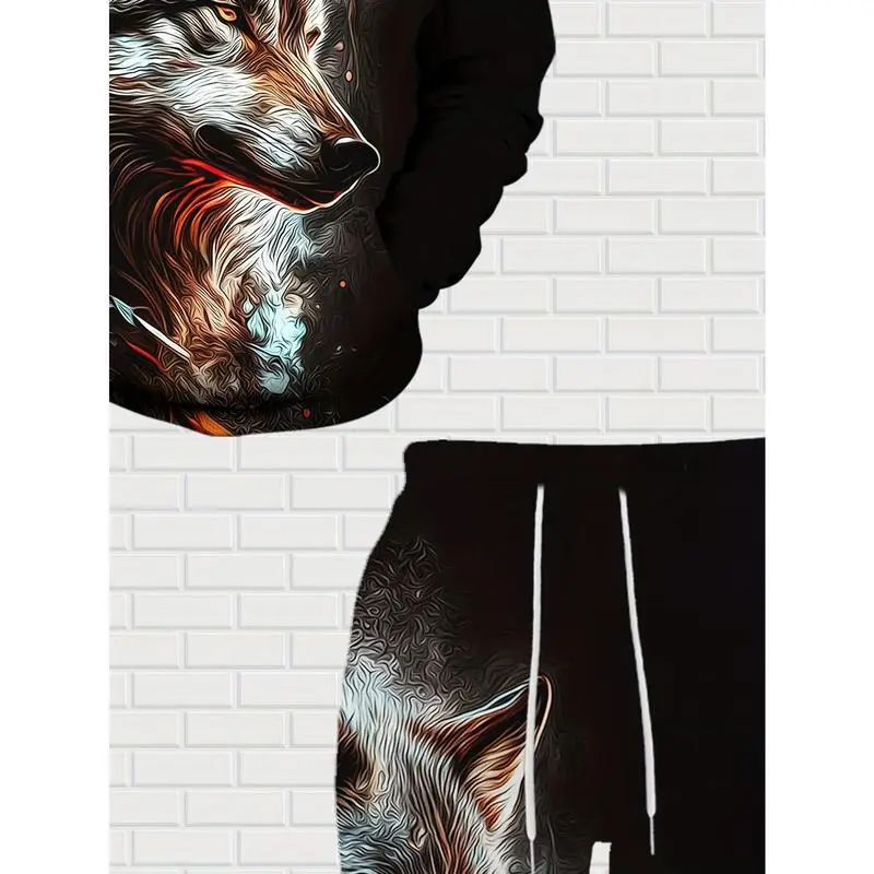 Men's wolf print hoodie and sweatpants set - casual streetwear, polyester blend, machine washable - perfect choice for spring and autumn seasons Men's wolf print hoodie and sweatpants set - casual streetwear, polyester blend, machine washable - perfect choice for spring and autumn seasons