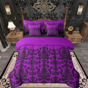 Gothic Purple Damask Comforter Set with Sheets 7 Piece Antique Victorian Baroque Bedding Set for Kids Boys Girls Gothic Vintage Floral Bed in a Bag Room Decor Soft