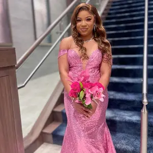 Custom Sequin Prom Dress - Off-Shoulder Mermaid Style with V-Neckline and Sparkling Sequins for Formal Events