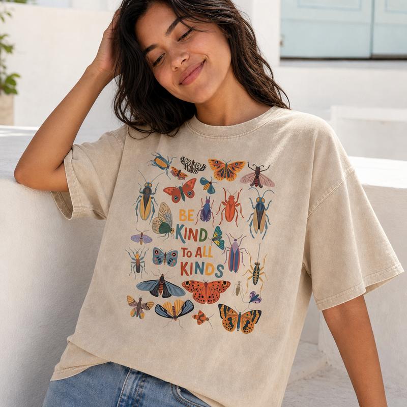 Cottagecore Entomology Graphic Tee Women Soft Washed Cotton Be Kind To All Kinds Insect Shirt S-5XL