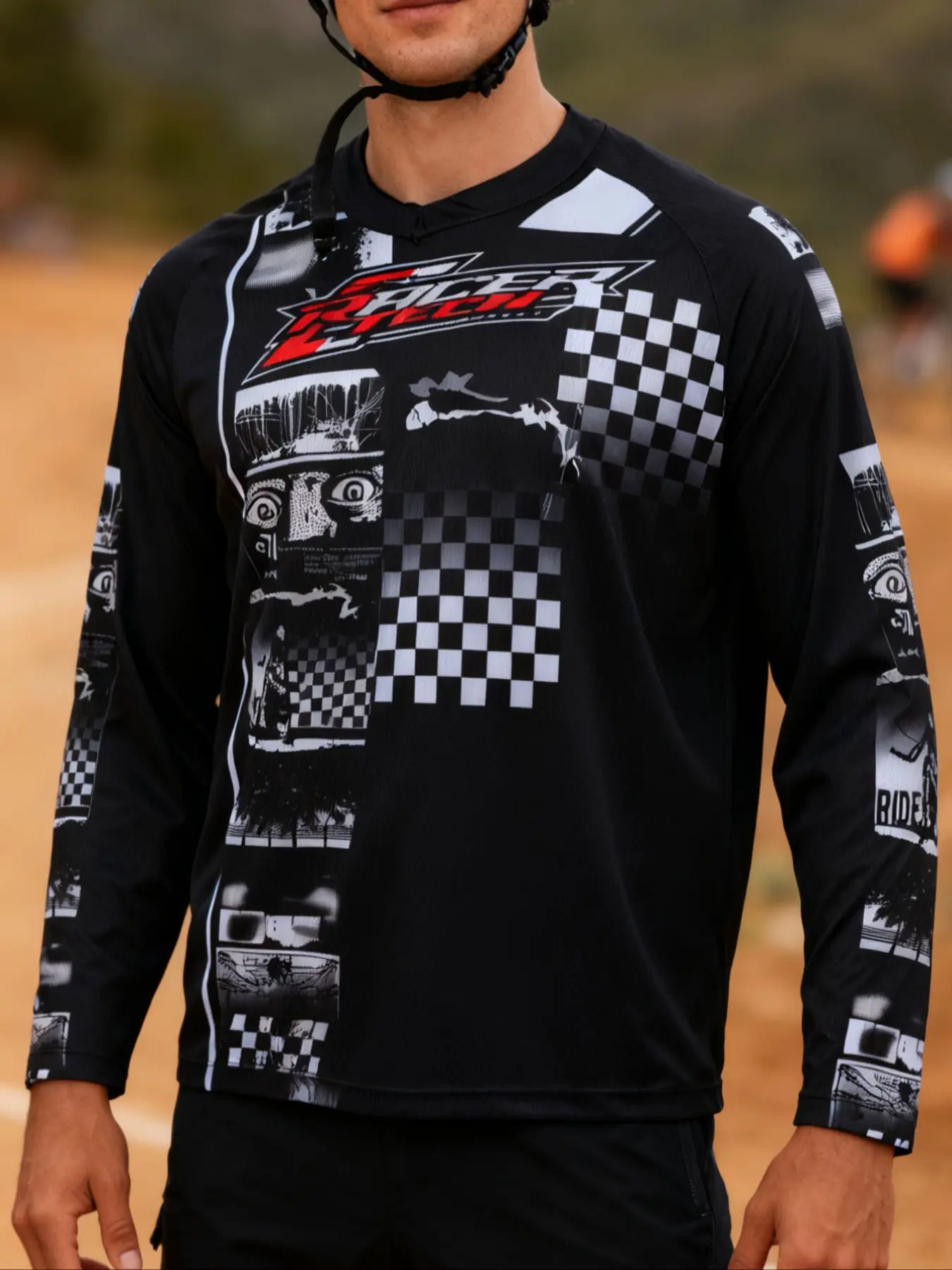 Motorcycle Off-Road Long Sleeve Shirt, Athletic Sports Clothing, Athletic Top, Sporty Style, Moderate Fabric Thickness, Fitted Design, Random Print Pattern, All Seasons Wear, Athletic Fashion Activewear, Athletic Active Tops, Athletic Clothes