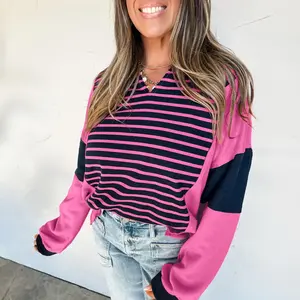 Women’s Pink Stripe Color Block Notched V Neck Loose Fit Blouse, Contrast Color Stripe Long Sleeve Top