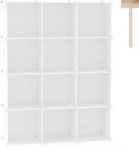 Cube Storage Organizer, 12-Cube Shelves Units, Closet Cabinet, DIY Plastic Modular Book Shelf, Ideal for Bedroom, Living Room, Office, 36.6" L x 12.4" W x 48.4" H Milky