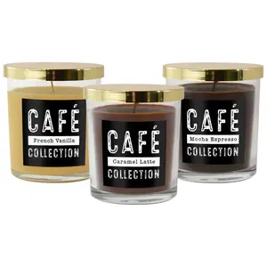 LumaBase Scented Wax Candles Coffee Collection Set of 3 Mocha Espresso Caramel Latte French Vanilla 10oz Glass Jar Decorative Ornaments