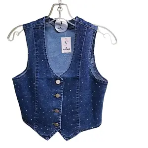 Velusa Denim Women's Vest Shiny Silver Rhinestone Fashionable Button-Up Style