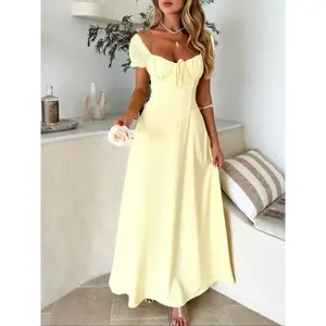 Women's Plain Lace Up Puff Sleeve A Line Dress, Elegant Sweetheart Neck Short Sleeve Long Dress for Party Holiday Wedding Guest, Ladies Spring & Fall Clothes