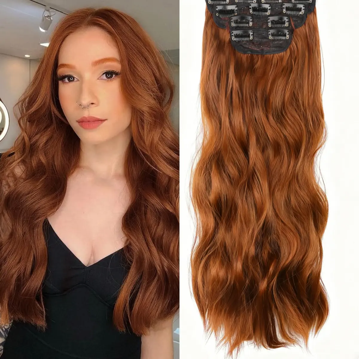 Women's 20-Inch Clip-In Hair Extensions, 4PCS Thick Reddish Copper Red Synthetic Hairpieces with Wavy Texture-Water Wave Weft for Female Daily Use