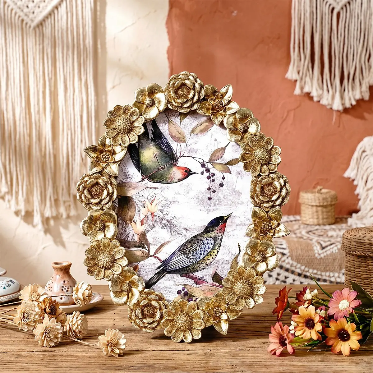 Creative 3D Flower Pattern Frame, Oval Desktop Photo Display, Versatile Resin Frame for Home Decor and Photography Props