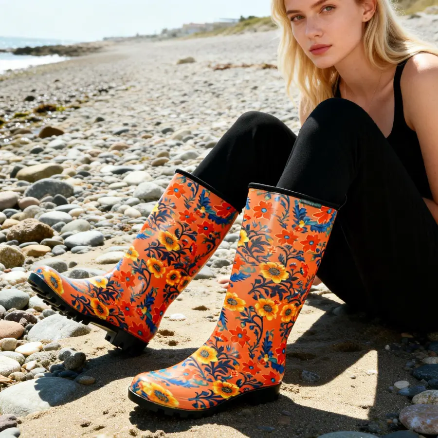 Women's Tall Boho Floral Print Waterproof PVC Rain Boots - Non-Slip Rubber Sole, Slip-On Block Heel, Chic Walking Shoes for Fashion Lovers, Gardening & Rainy Days