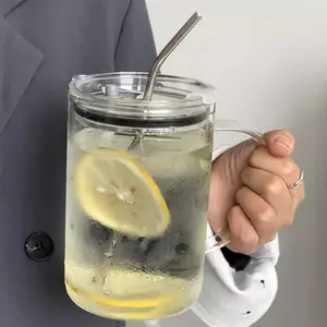 1000ml Glass Water Cup with Straw & Brush & Lid, 1 Count Large Capacity Drink Cup, Drinking Cup for Home, Outdoor, Travel, Tumblers, Stylish Glass Cups