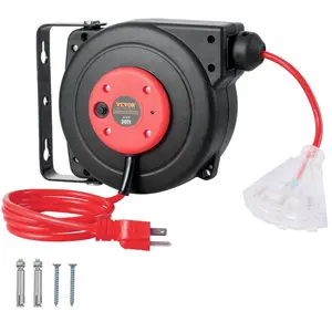 fathersdaygift VEVOR Retractable Extension Cord Reel, 30 FT, Heavy Duty 16AWG/3C SJTOW Retractable Power Cord Reel with Lighted Triple Tap Outlet 10 Amp Circuit Breaker 4.5FT Lead-in Cord, for Ceiling or Wall Mount