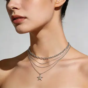 4p Silver Layered Star Pendant Necklace, Multi-Strand Stackable Choker Chain, Punk Hollow Star Charm, Hip Hop Layering Jewelry, Women’s Edgy Streetwear Accessory.