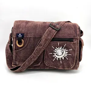 Koshi Brown Stone-Washed Celestial Embroidered Laptop Messenger Bag