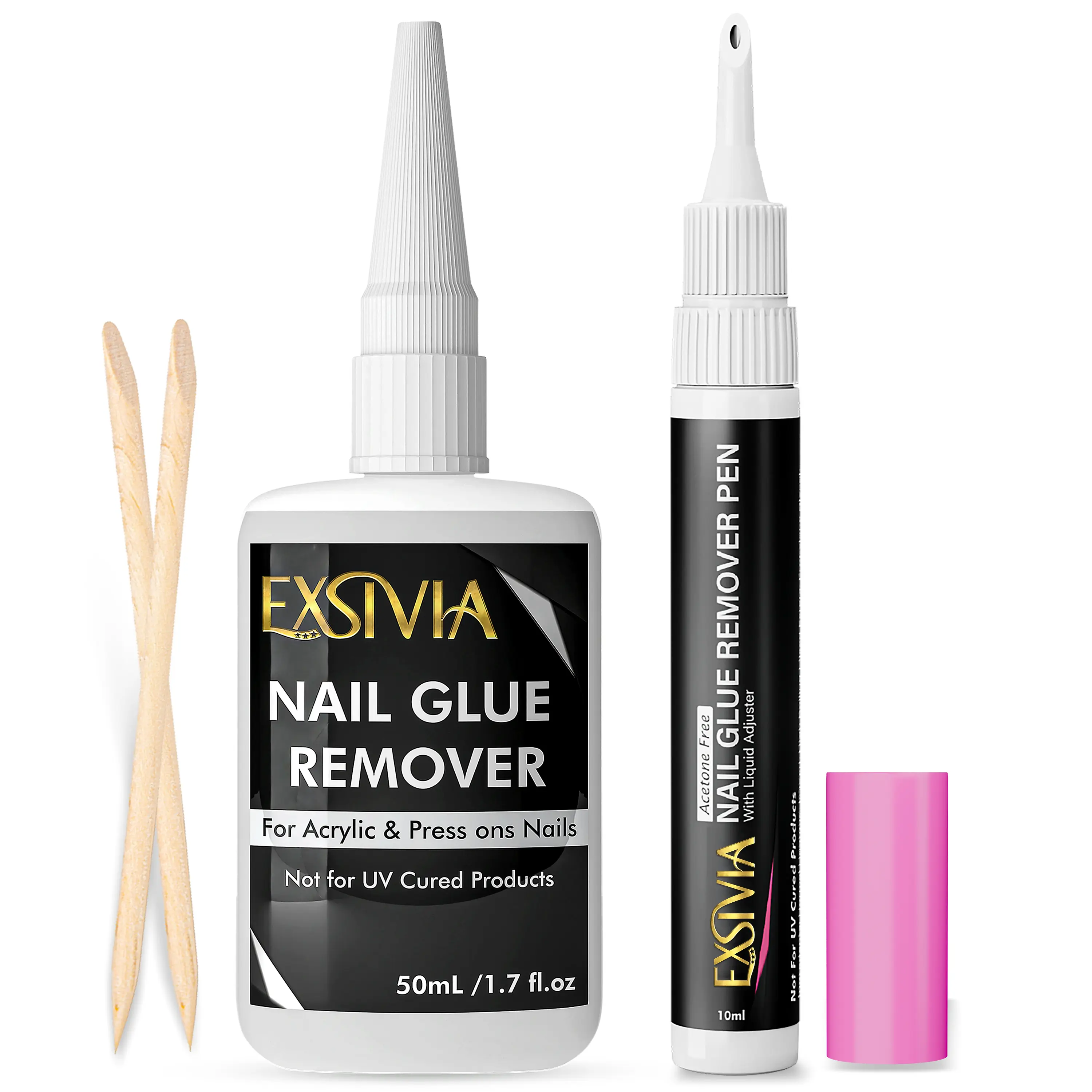 Nail Glue Remover, Giant 50ml Bottle + 10ml Refillable Pen with Built-In Cuticle & Nail Pusher  Acetone-Free