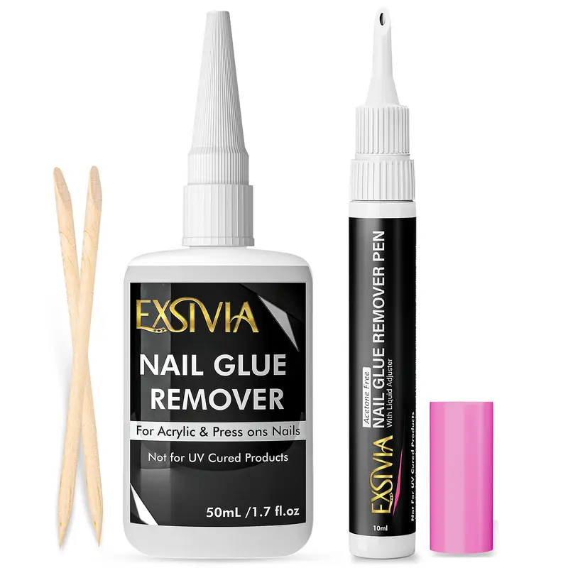 Nail Glue Remover, Giant 50ml Bottle + 10ml Refillable Pen with Built-In Cuticle & Nail Pusher Acetone-Free Nail Products Nail Care Manicure