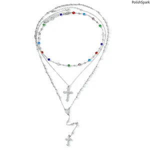 3-Layer Colorful Bead Cross Y Lariat Necklace, Gold Silver Boho Long Stacked Religious Statement Necklace summervibes