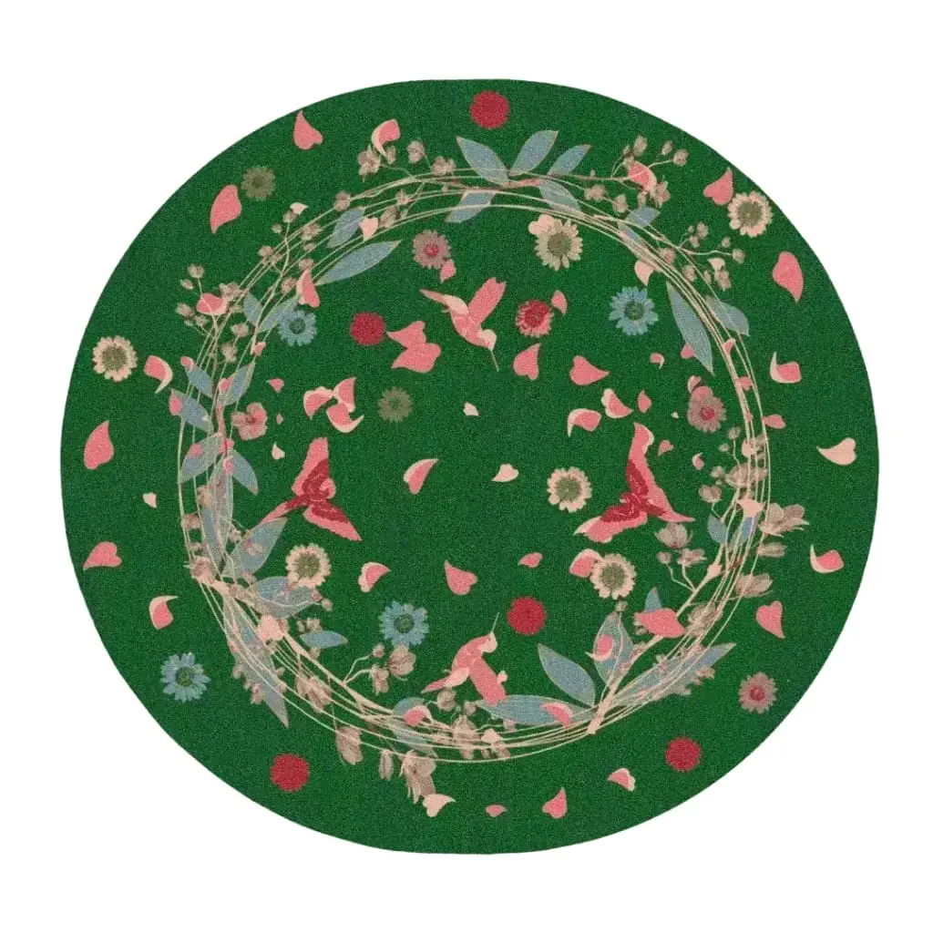 Wild Flowers Birds Round Hand Tufted Rug - Green