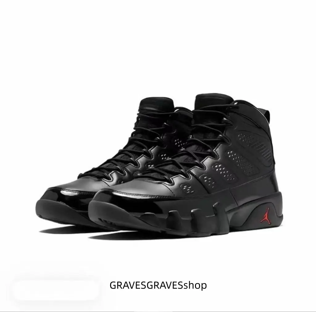 All Black High Top Retro Basketball Sneakers, Glossy Leather Upper, Solid Black Sculpted Midsole, Unisex Streetwear Athletic Shoes for Daily Outfit