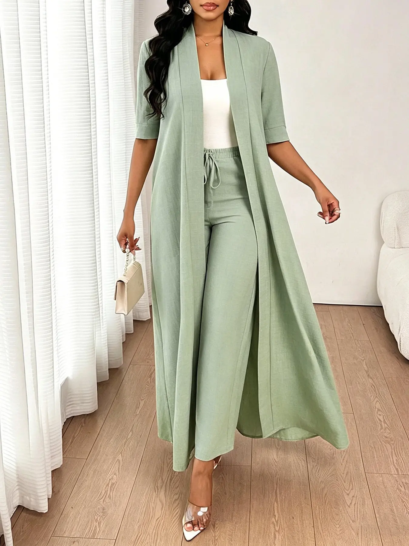2 Piece Minimal Small Stand Collar Short Sleeve Long Open Front Cardigan Outerwear Drawstring Adjustable High Waist Straight Wide Leg Pants Casual Outfit