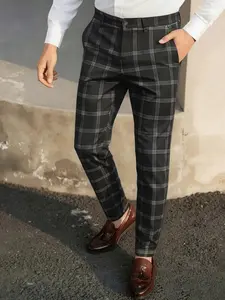 Men's Classic Black Plaid Houndstooth Stretchy Straight Pants - Elegant, Crisp, Custom-Fitted Men's Wear Trousers with Pocket, Comfortable for Light Business & Everyday Casual Use