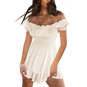 Women Short Sleeve Dress Solid Color Ruffle Off-shoulder Party Dress with Shorts Jumpsuit Beach Streetwear