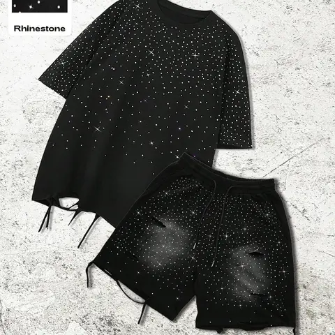 Men's Graphic-Print Casual T-Shirt and Shorts Set with Rhinestone Decor and Ripped Details, Fashion Streetwear Outfit for All Seasons Clothes