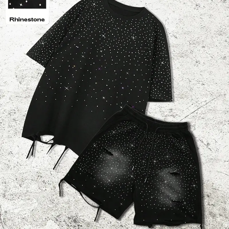 Men's Graphic-Print Casual T-Shirt and Shorts Set with Rhinestone Decor and Ripped Details, Fashion Streetwear Outfit for All Seasons Clothes
